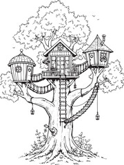 Fantasy Treehouse Homes with Wooden Bridges in Magical Forest Illustration