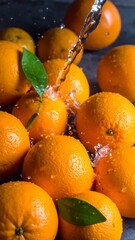Vibrant citrus fruit with leaves, receiving a refreshing stream of water against a dark, textured surface