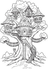 Naklejka premium Fairytale Treehouse Village Illustration for Coloring and Storybooks