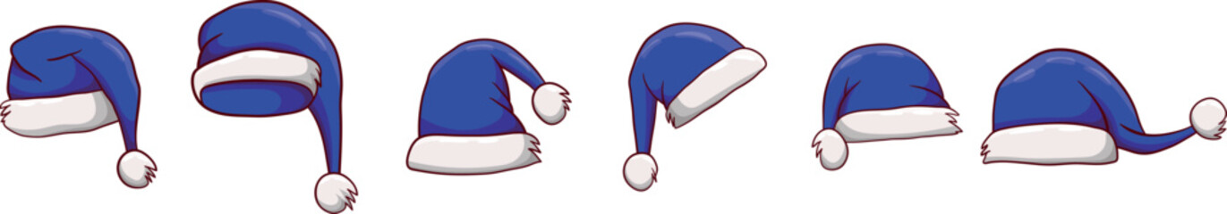 Blue Santa Hat Vector Set Cartoon Christmas Hats for Holiday Celebration and Winter Season Costumes Isolated on White Background