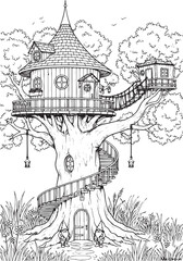 Naklejka premium Fantasy Woodland Treehouse Village with Whimsical Architecture