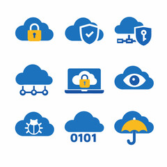 Obraz premium Cloud security icons set featuring lock, shield, bug, code, and umbrella