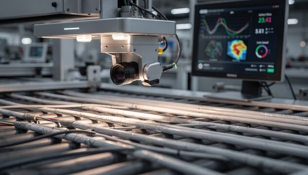 Medium shot of an AIpowered camera system inspecting cords on a manufacturing line highlighting surface defect detection with realtime data analysis.