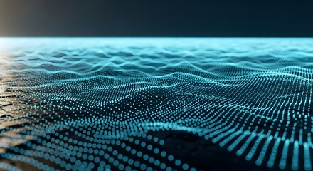 An abstract technological visualization featuring glowing blue digital particles forming wavy patterns, representing data flow and futuristic networks against a dark background.