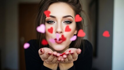 Young woman blowing a kiss with red and pink heart confetti, symbolizing love, romance, and affection.