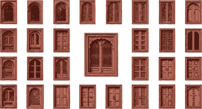 Ancient indian doors and windows collection with wooden texture and traditional archway patterns for building decoration