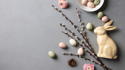 Easter decoration with ceramic rabbit, pastel eggs, willow branches, and flowers on gray background for seasonal greeting cards and festive displays, copy space, top view, banner, Easter vibes