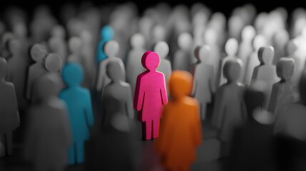 Female Figure Highlighted in Pink Against a Crowd of Black and White Silhouettes in a Striking Visual Contrast