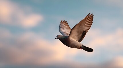 Fototapeta premium A pigeon gracefully flies through a sky filled with soft pastel clouds during the golden hour