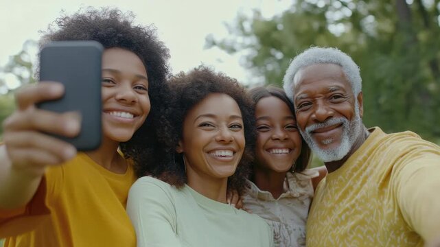 A joyful moment where a diverse family poses for a smartphone selfie outdoors, capturing their togetherness and the blending of different age groups.