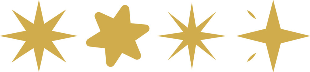 Obraz premium Golden star shapes collection with abstract sparkle symbols isolated on white background, minimal decorative design elements vector illustration set
