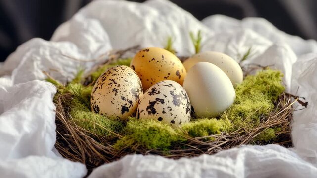 A nest of three speckled eggs in a hand-painted pottery eggshell resting on a mossy base
