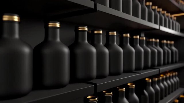 Slow drifting camera through dim bar shelves lined with matte-black bottles and subtle gold accents, 4K.