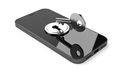 Mobile security concept: key unlocking a padlock symbol on a modern smartphone screen