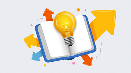 Education's enlightenment: an open book with a glowing light bulb, representing new ideas and knowledge pathways.