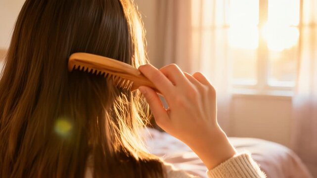 Serene Woman Combing Hair by Sunlit Window, Enjoying Peaceful Atmosphere with Warm Sunlight Streaming Indoors