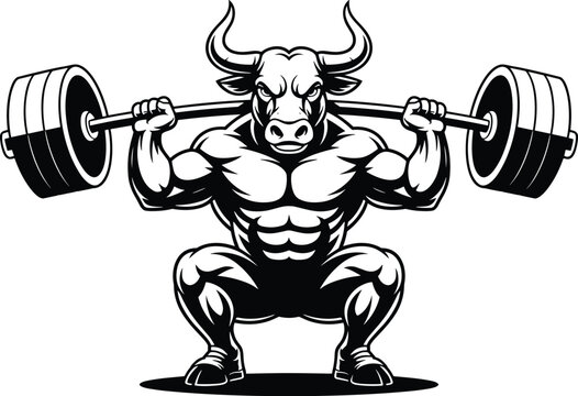 Powerful muscular bull bodybuilder lifting heavy barbell in weightlifting squat exercise black and white vector illustration for fitness gym training strength sports mascot athletic performance achiev