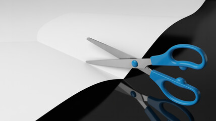 Pair of blue scissors making a neat cut through a pristine white sheet of paper on a reflective surface
