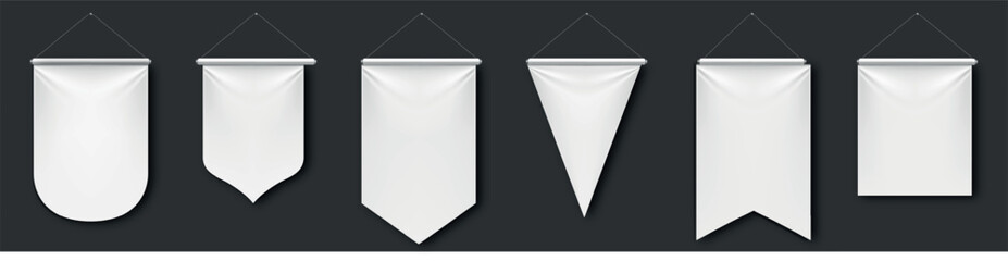 White pennant flags mockup, blank vertical banners