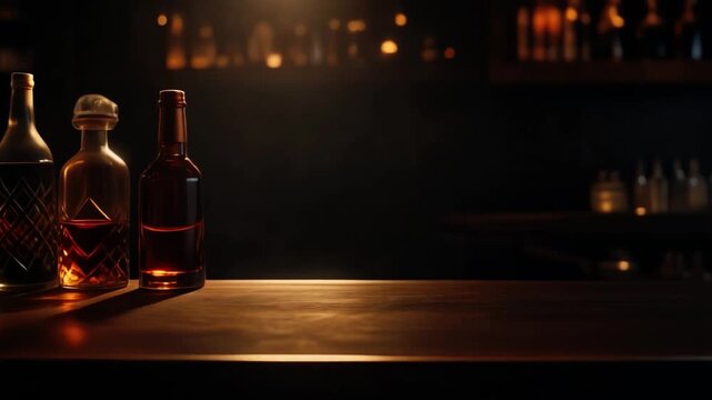 Cinematic bar counter with deep shadows and warm rim light illuminating bottle edges, 8K.