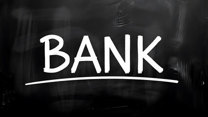 The word bank is written in bold white chalk handwriting with a clean underline across a dark textured blackboard background representing finance concepts.