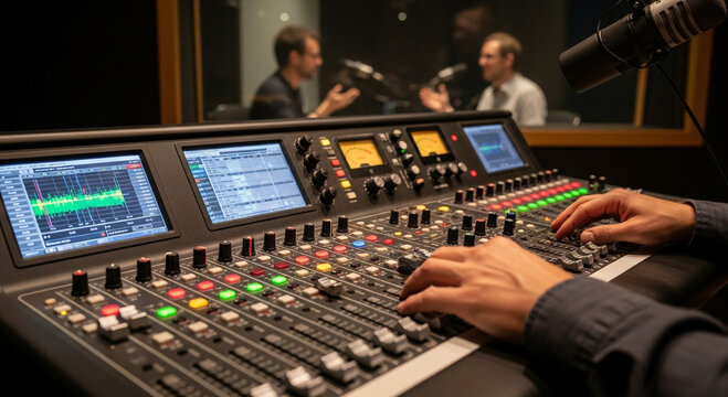 Professional sound engineer operates a digital mixing console with hands on the faders during a podcast or radio broadcast recording session in a modern, dark control room.
