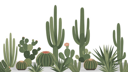 A vibrant and diverse collection of desert cacti and succulent plants flourishing in an arid landscape