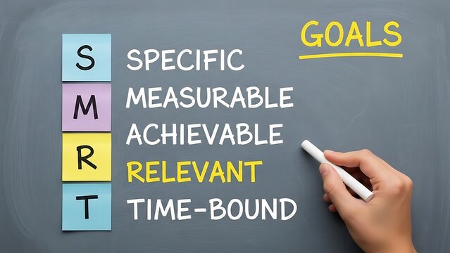 Hand writing the essential components of the smart goals acronym specific measurable achievable relevant and time-bound on a chalkboard