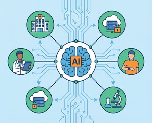 Fototapeta premium Artificial Intelligence In Healthcare And Scientific Research Connecting Hospitals Patients And Data