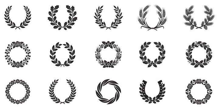 Laurel wreath icon. Laurel wreath icon set with circle, heart and square shapes, black vector illustrations for victory, award and heraldry. Vector Illustration. EPS 10