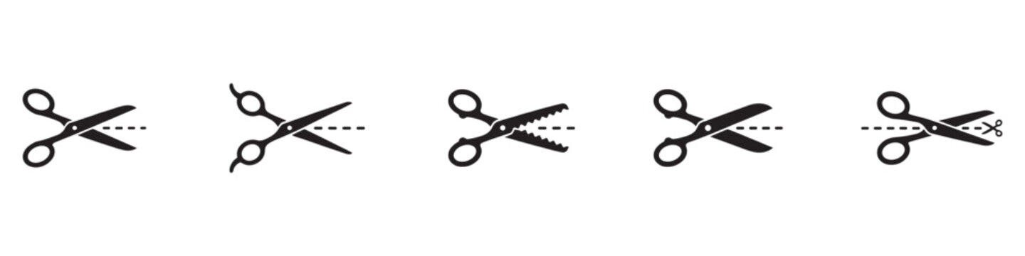 Scissors cut lines black symbols set. Isolated scissor cutting paper with dotted line icons on white background. Coupon sales signs, packaging label concept. Vector illustration. EPS 10
