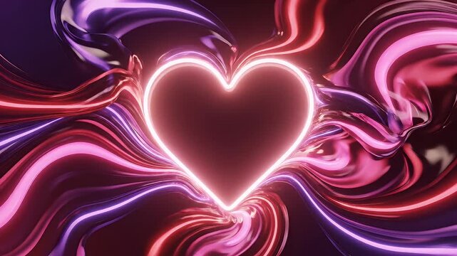 Neon Heart with Abstract Waves - A brightly lit neon heart shape is set against a background of abstract flowing waves of red, pink, and purple.