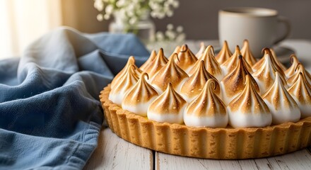 A close-up overhead view of a beautifully presented lemon tart featuring crisp golden pastry and generous peaks of torched meringue. A soft blue napkin drapes beside the dessert.