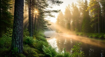 Obraz premium A tranquil lake reflects golden sunbeams filtering through a misty forest canopy at dawn. Lush green vegetation and tall trees line the serene waterfront.