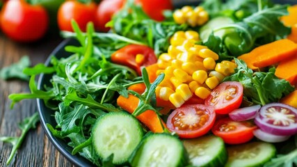 Vegetable salad with corn, tomatoes and radishes. A healthy lunch option or a dinner side dish. Fresh ingredients for cooking enthusiasts.
