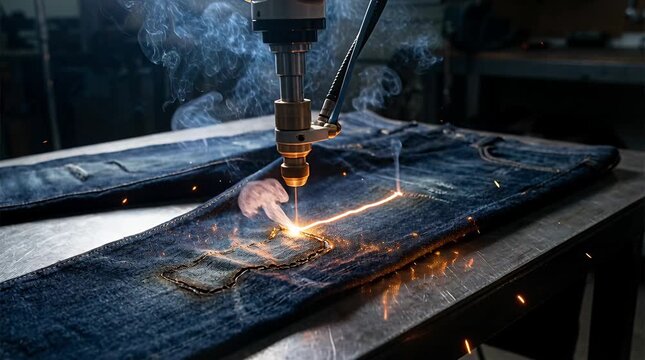 Automated laser engraving process on denim pants for custom designs and distressed effects, jeans, robotic.