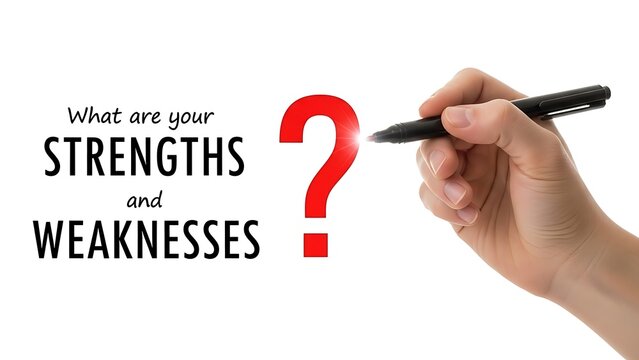Questioning self assessment involves identifying personal strengths and weaknesses while holding a marker near a large red symbol representing uncertainty.