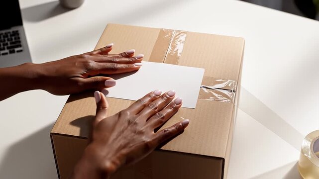 Hands Applying Blank Shipping Label to Cardboard Package for Delivery, Top View