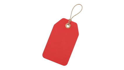Blank red price tag with white string on transparent background (लाल मूल्य टैग)