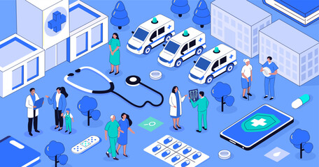 Doctors, nurses, medical staff communicate with patients near hospital or clinic building. Healthcare infrastructure, public health, emergency care infographic concept. Vector isometric illustration.