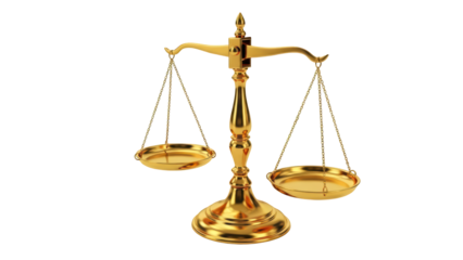 Golden scales of justice 3D symbol on transparent background (न्याय का तराजू)