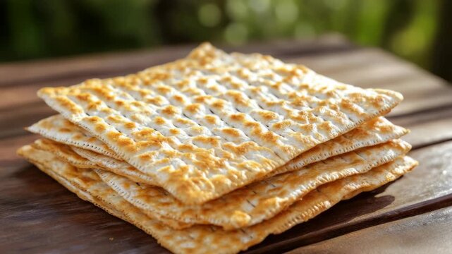 A stack of crackers on a wooden table. The crackers are white and have a golden brown color