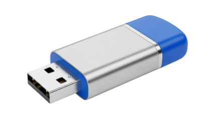 Modern blue and silver USB flash drive on transparent background PNG (ब्लू и सिल्वर यूएसबी ड्राइव)