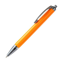 Bright orange ballpoint pen with chrome accents isolated on transparent background