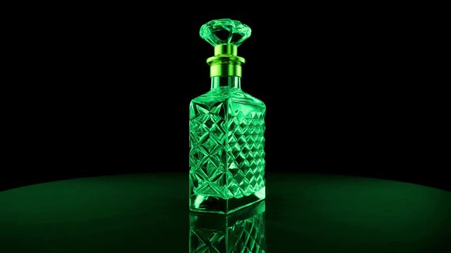 Luxury crystal decanter with gold stopper rotating in a black void with dark reflections, 4K loop.