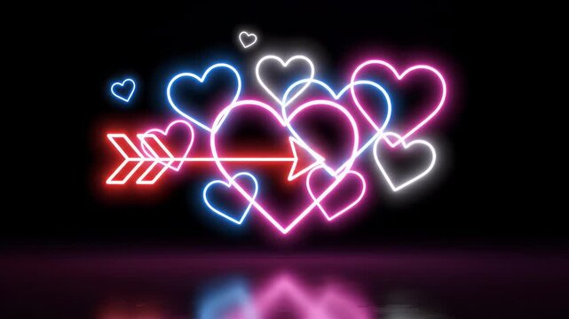 Neon Hearts and Arrow Sign - A cluster of neon heart shapes, colored in pink, blue and white, floats against a black background, along with a neon arrow piercing a heart.