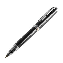 Elegant black ballpoint pen with silver trim isolated on transparent background