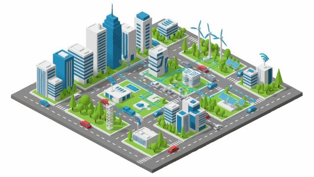 3D illustration of a modern eco-friendly cityscape with sustainable buildings and green spaces.