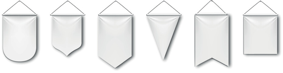 White Blank Pennant Flag Mockup Set Hanging Wall Banners and Vertical Gonfalons for Sports Branding and Decoration Template