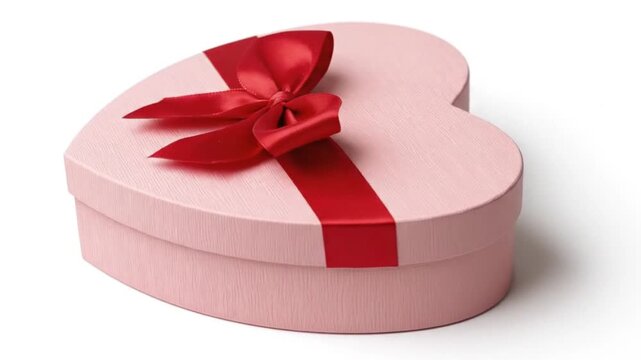 A beautifully wrapped pink heart-shaped gift box, elegantly adorned with a vibrant red satin ribbon and bow, rests gently on a clean white background. The delicate textured surface of the box adds a t